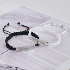 Couples braided rope bracelets with engraved Always & Forever metal bar and magnetic charms