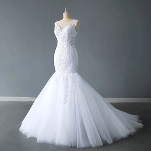 Elegant white lace V-neck mermaid wedding dress with floral embroidery and tulle train