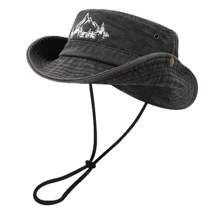 Vintage washed cotton outdoor hiking hat with mountain embroidery and adjustable chin strap
