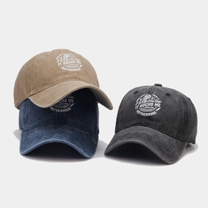 Distressed washed cotton baseball caps with Motherhood print in khaki, blue, and charcoal