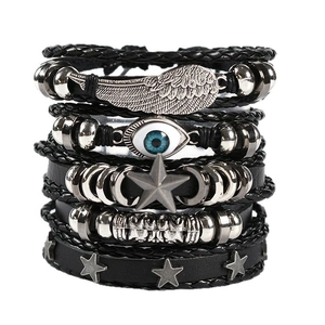 Black leather multilayer bracelet set with silver wing skull and evil eye charms
