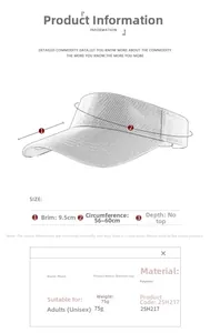 Size chart showing 9.5cm brim and 56-60cm circumference for topless sun visor hat