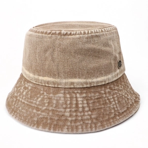 Retro washed denim bucket hat in brown with metal logo and vintage checkered brim effect