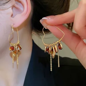 Vintage Heart Hoop Earrings With Amber Crystal And Tassel 18K Gold Plated Copper Jewelry For Women