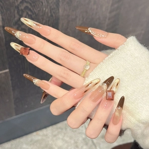 Brown ombre long trapezoid press-on nails with sparkling rhinestones and 3D resin gems