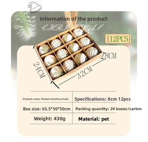 Detail of 12pcs 8cm white and gold flocked Christmas ornaments with PET mesh texture