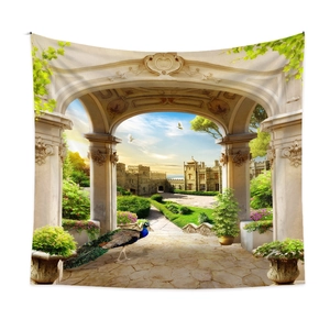 Detail of polyester wall tapestry featuring a majestic European garden with a stone arch