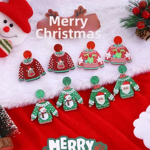 Christmas Ugly Sweater Acrylic Earrings With Glitter Reindeer Santa Snowman Holiday Party Jewelry For Women Girls