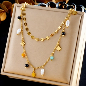 Stainless Steel Double Layer Necklace With Star Pendant Multi-Color Beads And Faux Artificial Pearl Bohemian Jewelry For Women