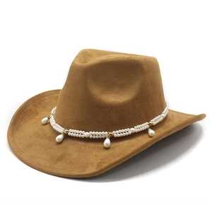 Detail view of brown felt cowboy hat featuring double-layer pearl band and waterdrop pendants