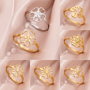 Minimalist Stainless Steel Hollow Flower Geometric Open Ring For Women Adjustable Botanical Leaf Floral Jewelry Ring Gift