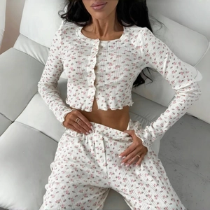 Top E Pantaloni Del Pigiama Da Donna Fiori Fiocchi Cotone Poliestere Maglia A Coste Cardigan Manica Lunga Loungewear
