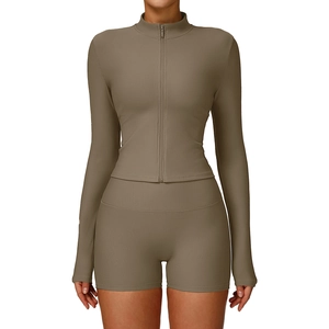 Slim fit ribbed yoga set with stand collar zipper jacket and high waist shorts in taupe