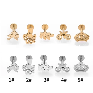 Lot de clous d'oreille en acier avec formes couronne feuille pieuvre et bicyclette
