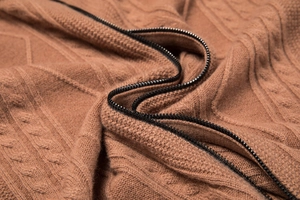 Detailed macro view showing the cable knit pattern and zipper texture of the men sweater