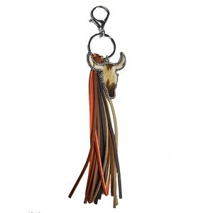 Bohemian bull head keychain with colorful tassels and western style animal print leather