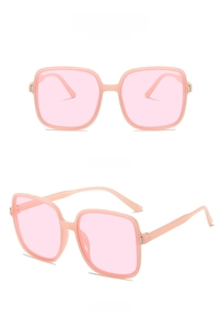 Detail of square pink jelly sunglasses showing front and side view with pink lenses
