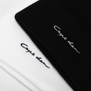 Vintage style ribbed knit beanie for couples featuring Carpe Diem script embroidery