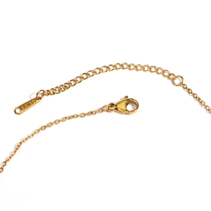 Détail d'un collier en acier inoxydable doré avec fermoir mousqueton et étiquette