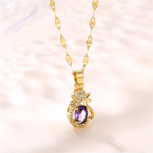 Elegant gold necklace featuring a purple oval gemstone pendant with sparkling zircon accents