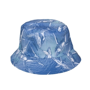 Blue ocean theme fisherman hat with realistic shark prints for outdoor sun protection