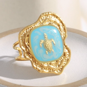 Sea Turtle Open Ring 18K Gold Plated Stainless Steel Blue Enamel Ocean Style Vintage Hammered Adjustable Jewelry Women