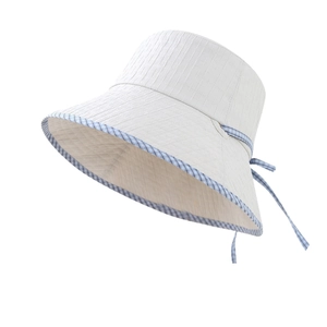 French style wide brim bucket hat for women in beige with blue checkered trim