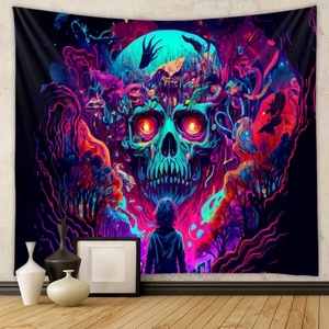 Detail of mushroom skull tapestry with neon psychedelic forest patterns on polyester fabric