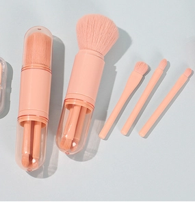 Pink portable 4-in-1 makeup brush set with retractable brushes and transparent lid cover