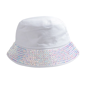 Detailed view of white canvas bucket hat featuring shimmering holographic rhinestones