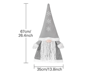 Dimensions of Nordic Christmas gnome with gray knit hat and white snowflake patterns