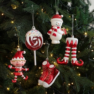 5-piece red and white glitter Christmas ornaments set featuring snowman and candy cane shapes