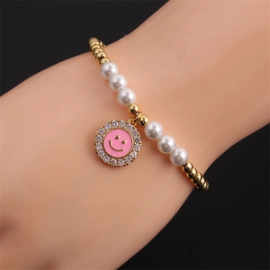 Smile Face Pendant Bracelet With Copper Beads And Imitation Artificial Pearls Colorful Enamel Zircon Inlaid Elastic Jewelry