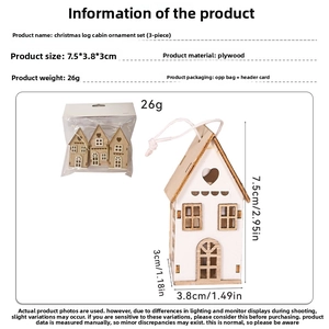Detail view of 3-piece wooden Christmas house ornaments with specific size dimensions