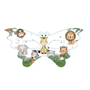 Close-up of colorful cartoon jungle animal masks for kids birthday party favors