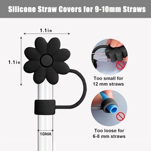 Detailed size chart for black flower silicone straw cover fitting 9-10mm straws