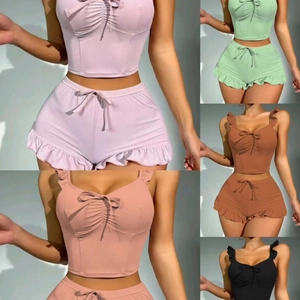 Ribbed Knit Camisole Top And Ruffle Shorts Sleepwear Lingerie Loungewear Drawstring Bow Sleeveless Sexy Women
