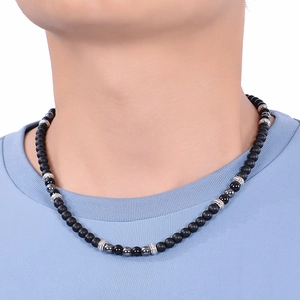 Men's vintage black natural stone beaded necklace with metallic rhinestone spacers