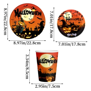 Halloween pumpkin paper plate and cup set with specific size measurements in inches and cm