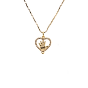 Gold plated heart necklace with Hamsa hand pendant and sparkling zircons on white background