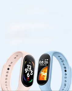 M7 smart fitness tracker in pink and light blue with silicone band and oval display