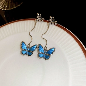 Butterfly Dangle Earrings Vintage Blue Flower Alloy Jewelry With Silver Earring Post For Women