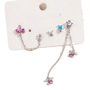 Elegant silver 4-piece earring set featuring pink butterfly and blue floral zircon studs