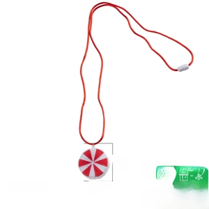 Glow-in-the-dark red and white candy pendant necklace with dimensions and weight data