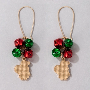 Detail showing festive Christmas earrings with red and green bells and gold boot pendants