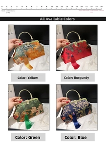 Macro detail of embroidered floral shell bags in four colors with 20cm scale ruler