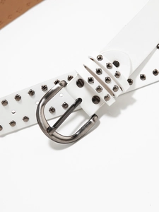 Detailed close-up of white punk Y2K belt featuring silver metal rivets and buckle head