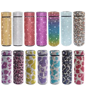 Rhinestone Insulated Vacuum Flask Stainless Steel Bling Bottle With Smart LED Temperature Display Leopard Print Luxury Travel Cup