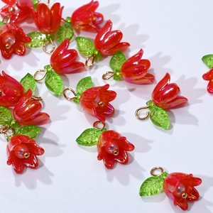DIY red tulip flower pendants with green leaves and pearl accents for jewelry making