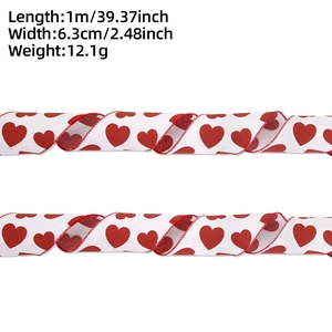 Detailed view of white faux linen ribbon with red hearts and size specifications